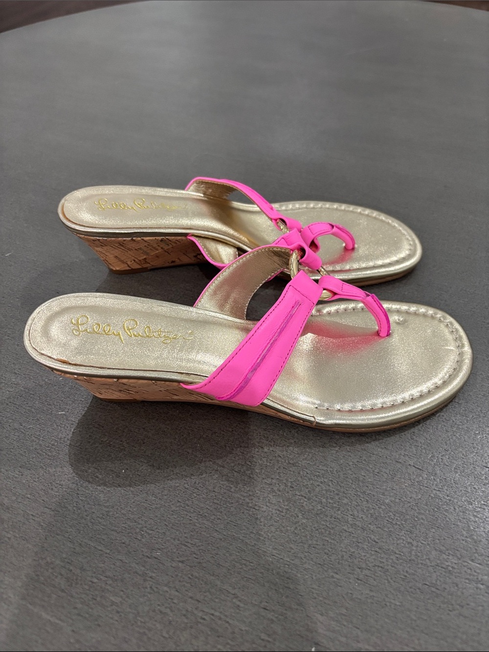 Lilly Pulitzer Hot Pink and Gold Cork Wedge Sandals